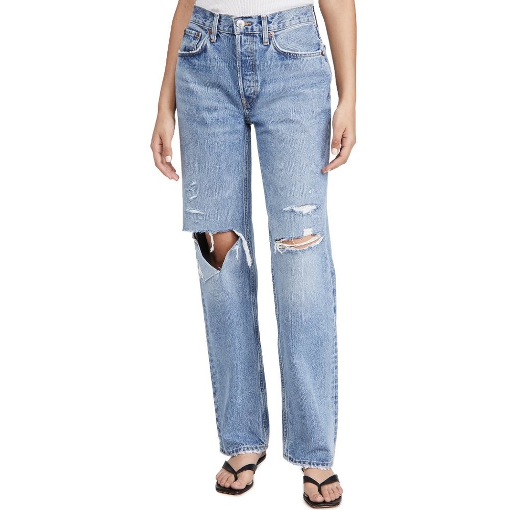 Re/Done Women's Comfy '90s High Waist Straight Leg Jeans in Sun Faded Destroy 26